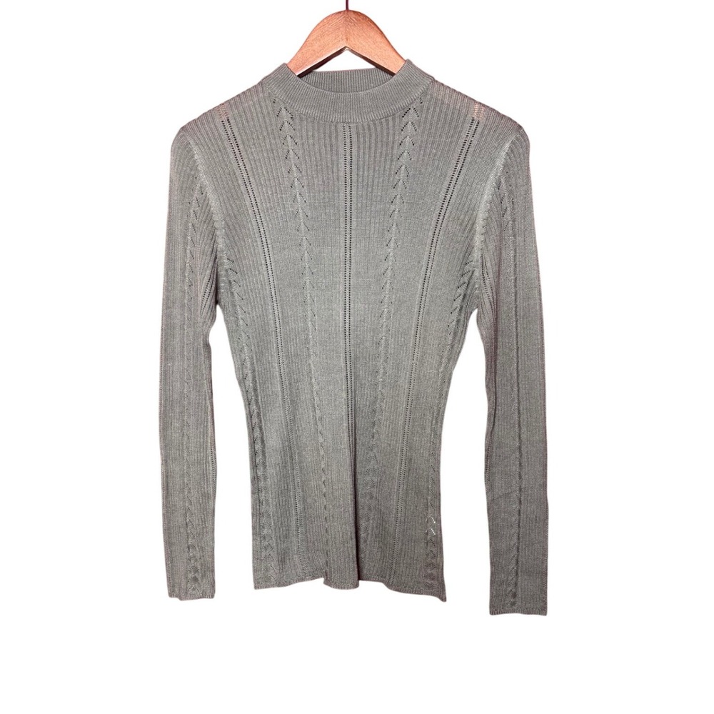 Alex‎ New York Women Medium 100% Silk Mock Neck Pointelle Ribbed Green Sweater